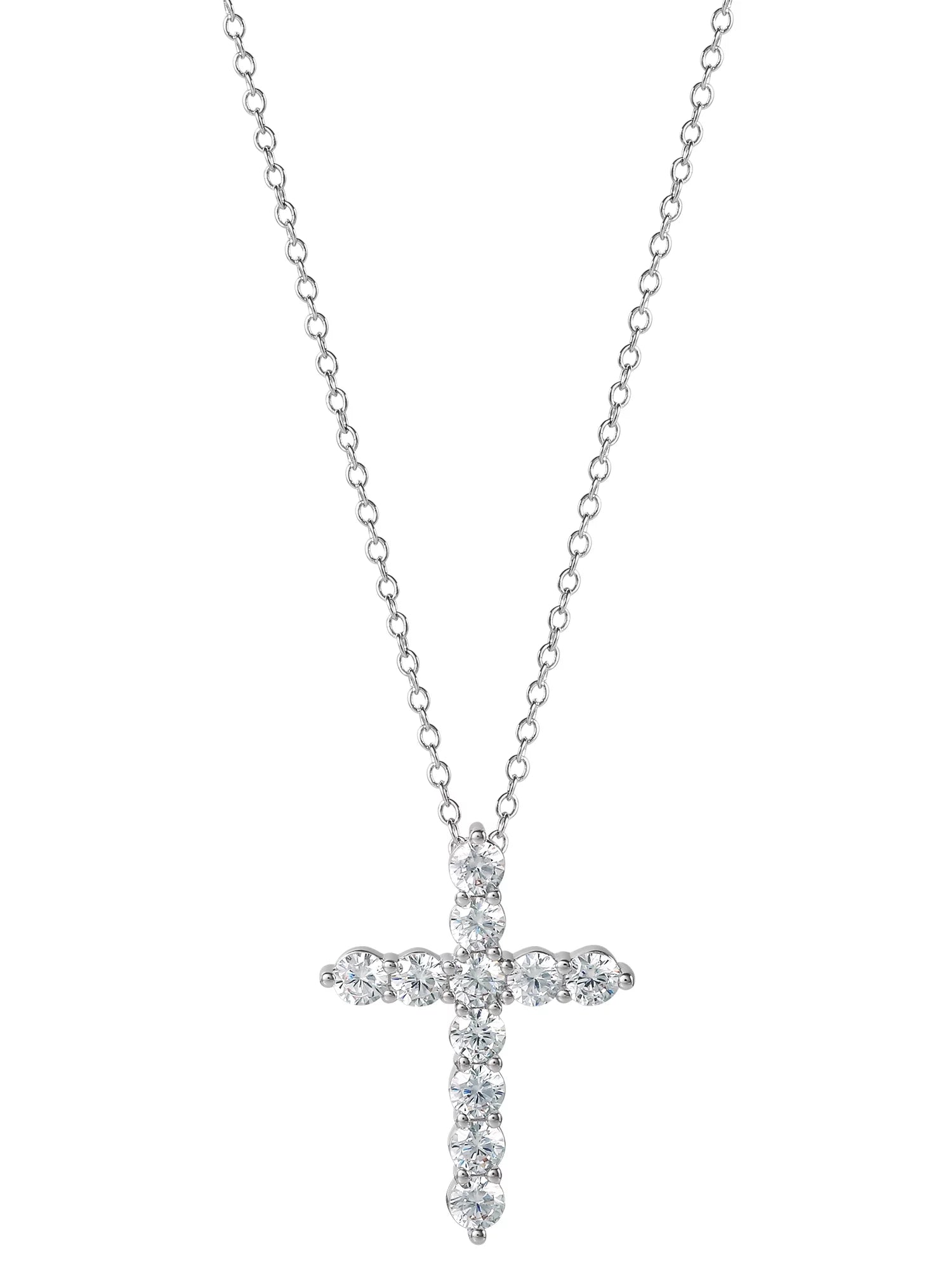 Fine Siver Plated Brass Cubic Zirconia Cross Pendant, 18" + 2" Ext Chain