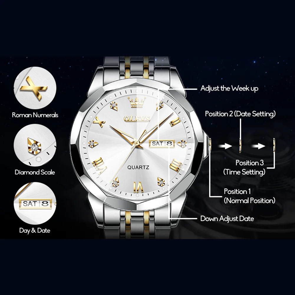 Classic Gold Sliver Stainless Steel Watches for Men Big Black Dial Mens Watches Fashion Analog Quartz Watches Men Day Date Watches Men Waterproof Wrist Watches Roman Numerals Men'S Watches