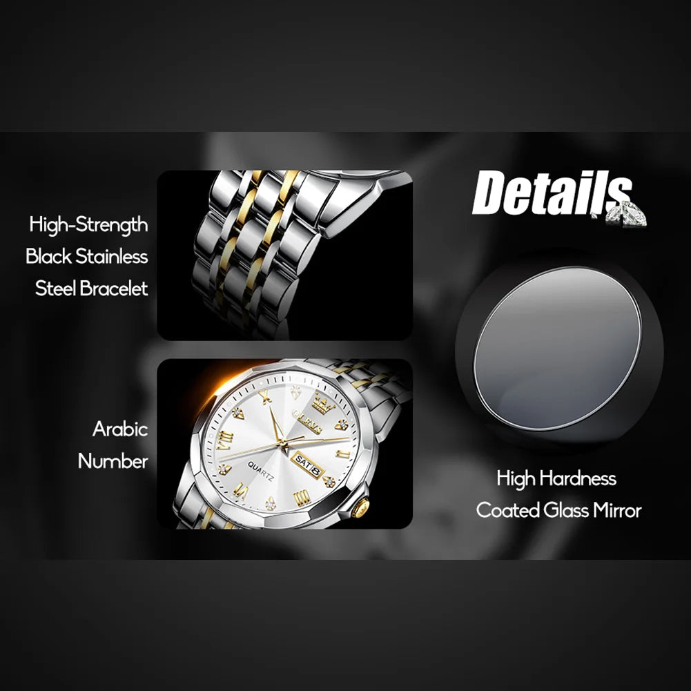 Classic Gold Sliver Stainless Steel Watches for Men Big Black Dial Mens Watches Fashion Analog Quartz Watches Men Day Date Watches Men Waterproof Wrist Watches Roman Numerals Men'S Watches