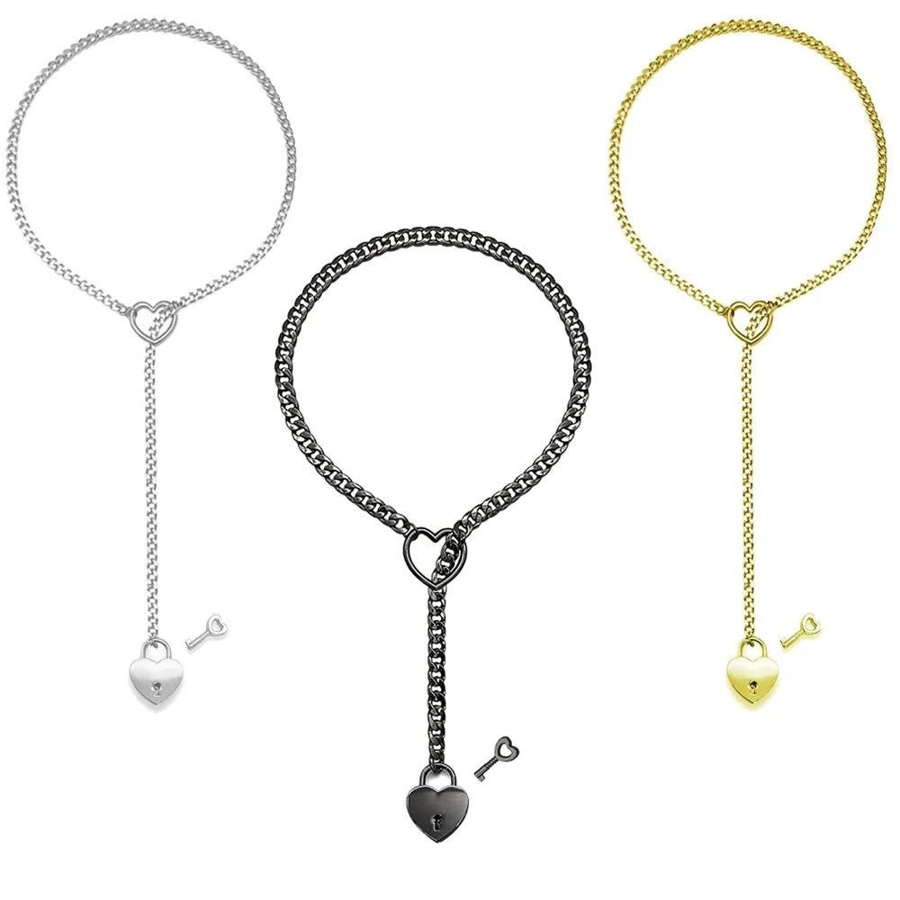 Slip Chain Necklace Heart O-Ring Punk Rock Cuban Long Necklace Jewelry Adjustable Lariat Y-Necklace Heart Locker with Key Neckla