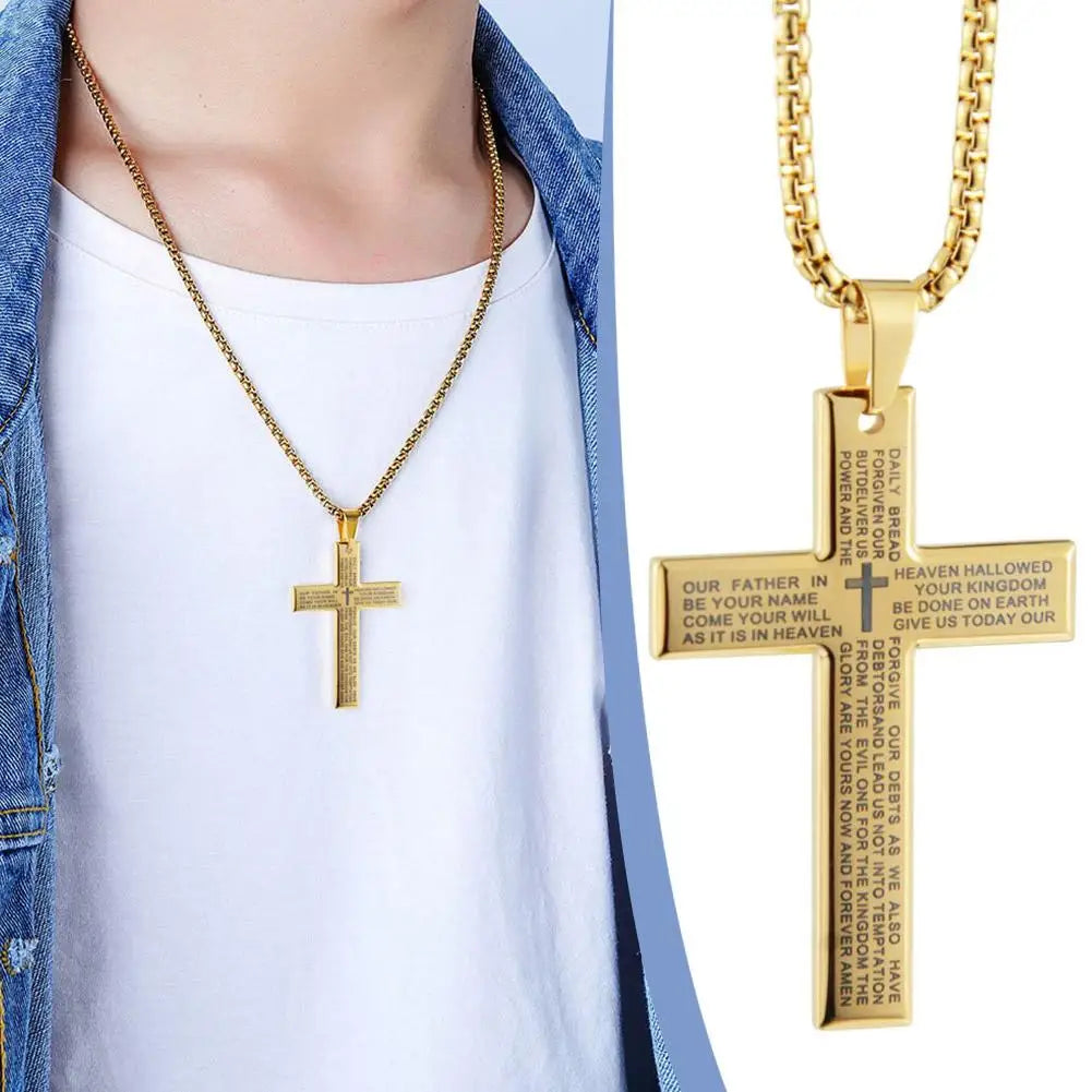 Christian Bible Cross Chain Necklace Stainless Steel Big Pendant Necklace Men'S Religious Prayer Jewelry Corrente Masculina