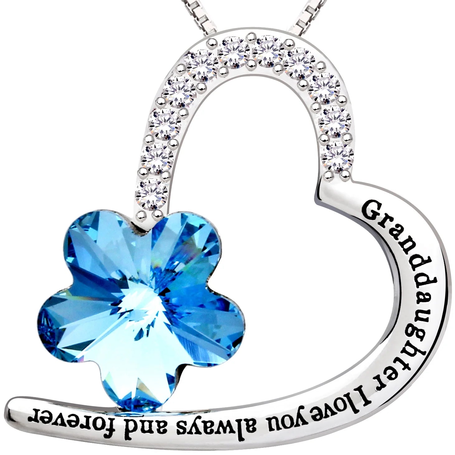 Jewelry Sterling Silver "Granddaughter I Love You Always and Forever" Love Heart Blue Crystal Cubic Zirconia Pendant Necklace